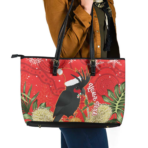 Personalised Palm Cockatoo Australia Christmas Leather Tote Bag Merry Chrissie - Banksia Flowers