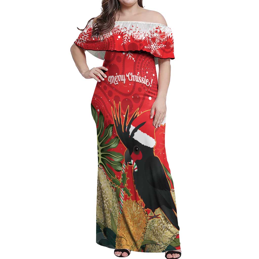 Personalised Palm Cockatoo Australia Christmas Off Shoulder Maxi Dress Merry Chrissie - Banksia Flowers