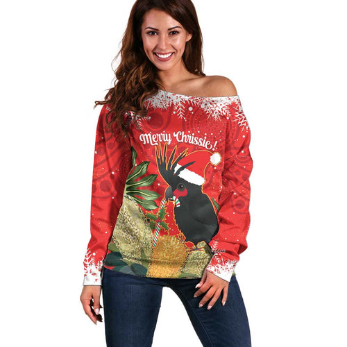 Personalised Palm Cockatoo Australia Christmas Off Shoulder Sweater Merry Chrissie - Banksia Flowers