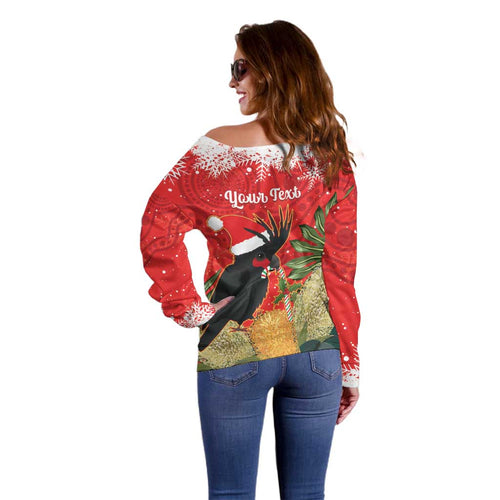 Personalised Palm Cockatoo Australia Christmas Off Shoulder Sweater Merry Chrissie - Banksia Flowers