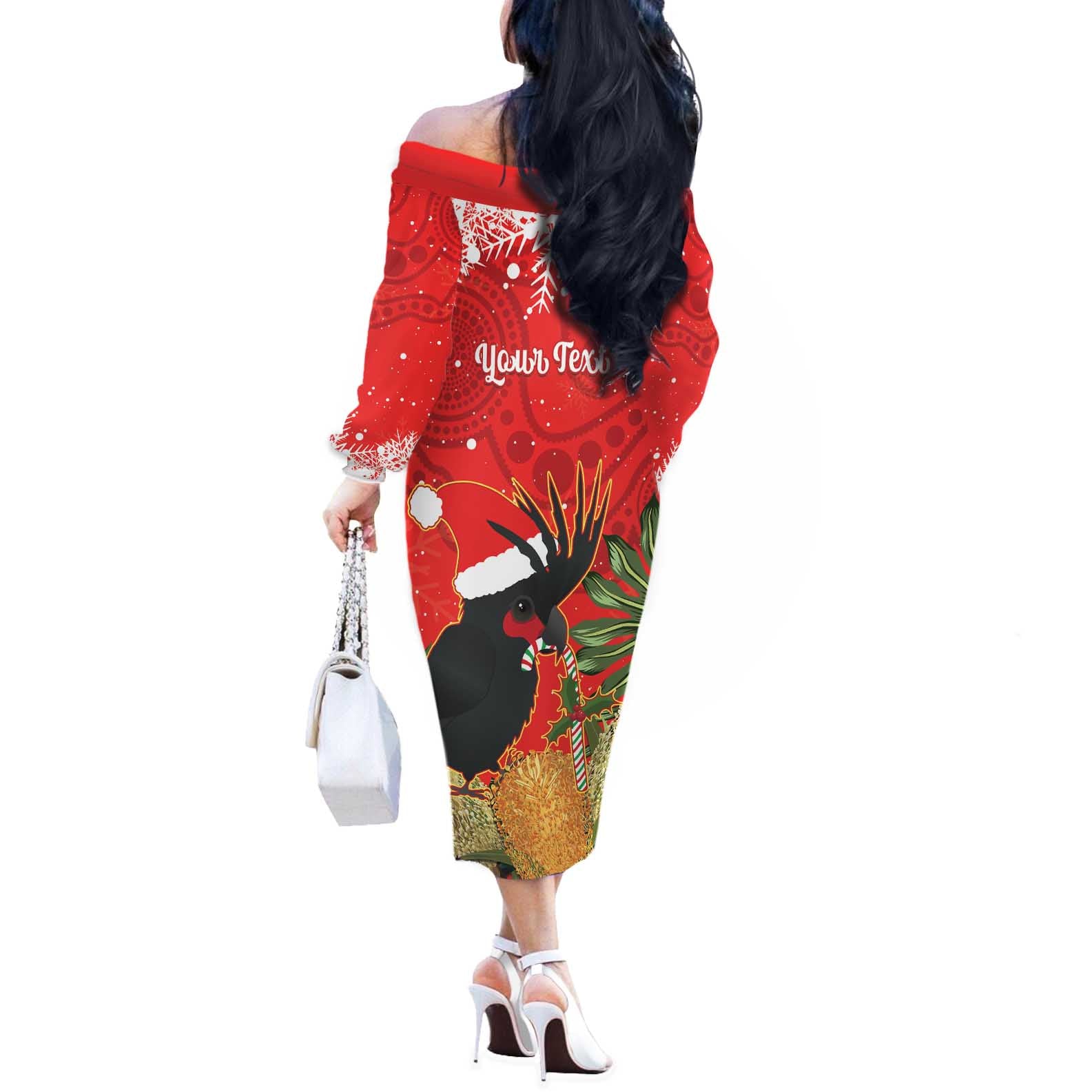 Personalised Palm Cockatoo Australia Christmas Off The Shoulder Long Sleeve Dress Merry Chrissie - Banksia Flowers