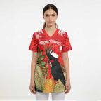 Personalised Palm Cockatoo Australia Christmas Scrub Top Merry Chrissie - Banksia Flowers - Aussie Hoodie