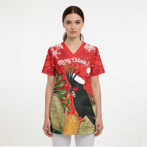 Personalised Palm Cockatoo Australia Christmas Scrub Top Merry Chrissie - Banksia Flowers - Aussie Hoodie