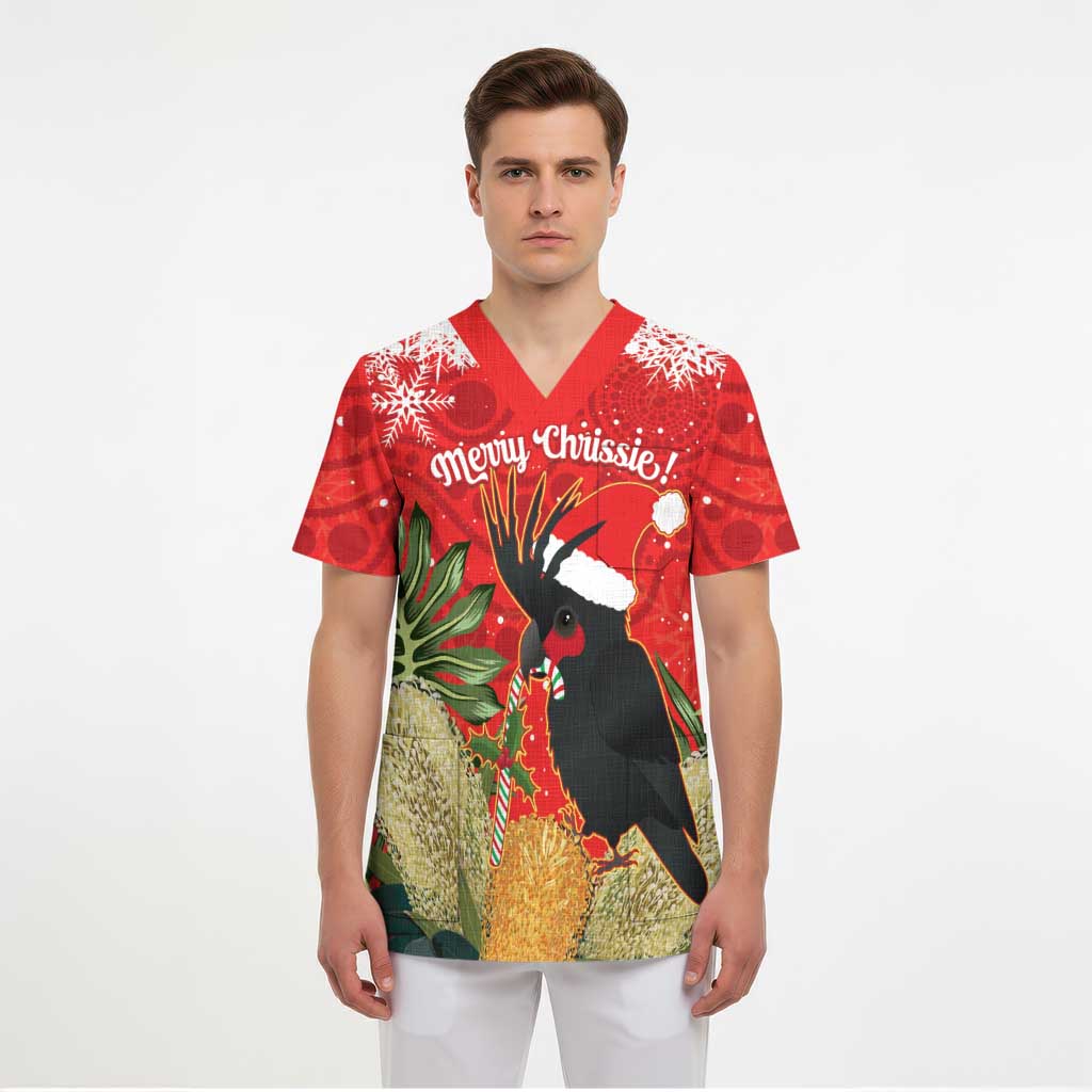 Personalised Palm Cockatoo Australia Christmas Scrub Top Merry Chrissie - Banksia Flowers - Aussie Hoodie