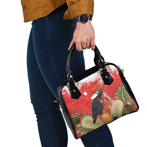 Personalised Palm Cockatoo Australia Christmas Shoulder Handbag Merry Chrissie - Banksia Flowers