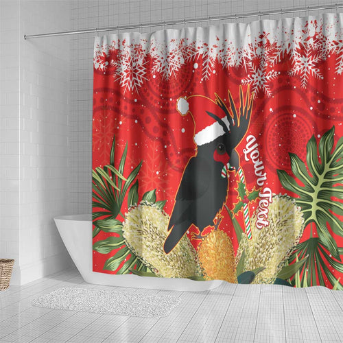 Personalised Palm Cockatoo Australia Christmas Shower Curtain Merry Chrissie - Banksia Flowers