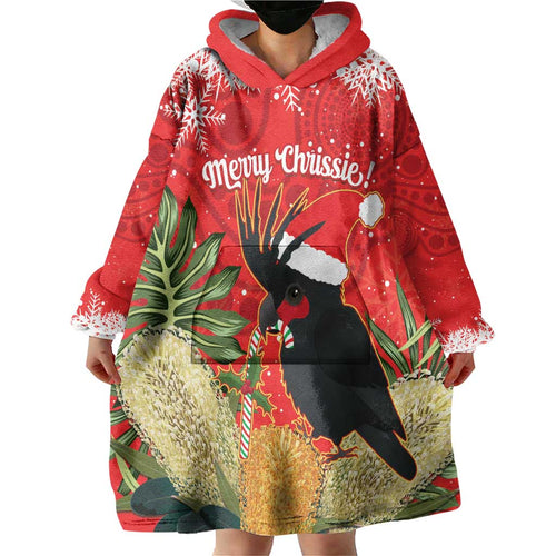 Personalised Palm Cockatoo Australia Christmas Wearable Blanket Hoodie Merry Chrissie - Banksia Flowers