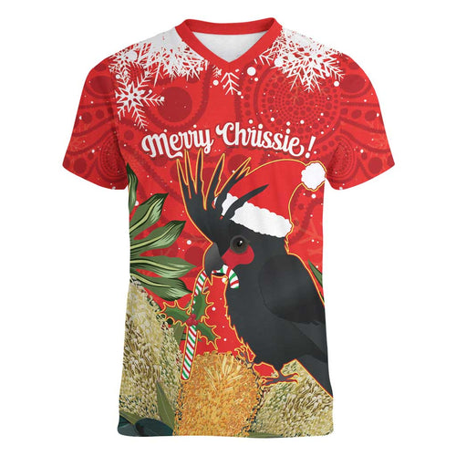 Personalised Palm Cockatoo Australia Christmas Women V-Neck T-Shirt Merry Chrissie - Banksia Flowers