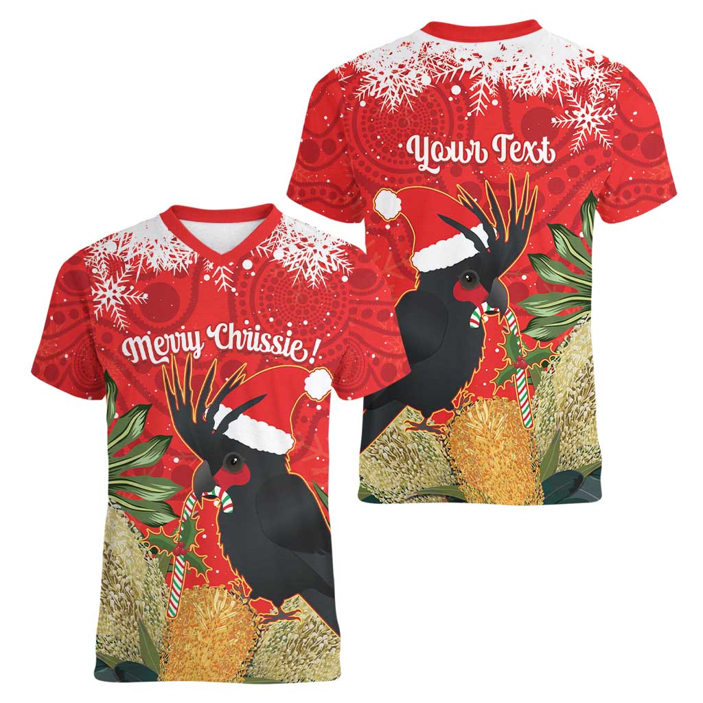Personalised Palm Cockatoo Australia Christmas Women V-Neck T-Shirt Merry Chrissie - Banksia Flowers