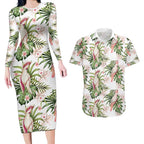 Australia Pink Cockatoo Couples Matching Long Sleeve Bodycon Dress and Hawaiian Shirt Aussie Orchids - Seamless Pattern