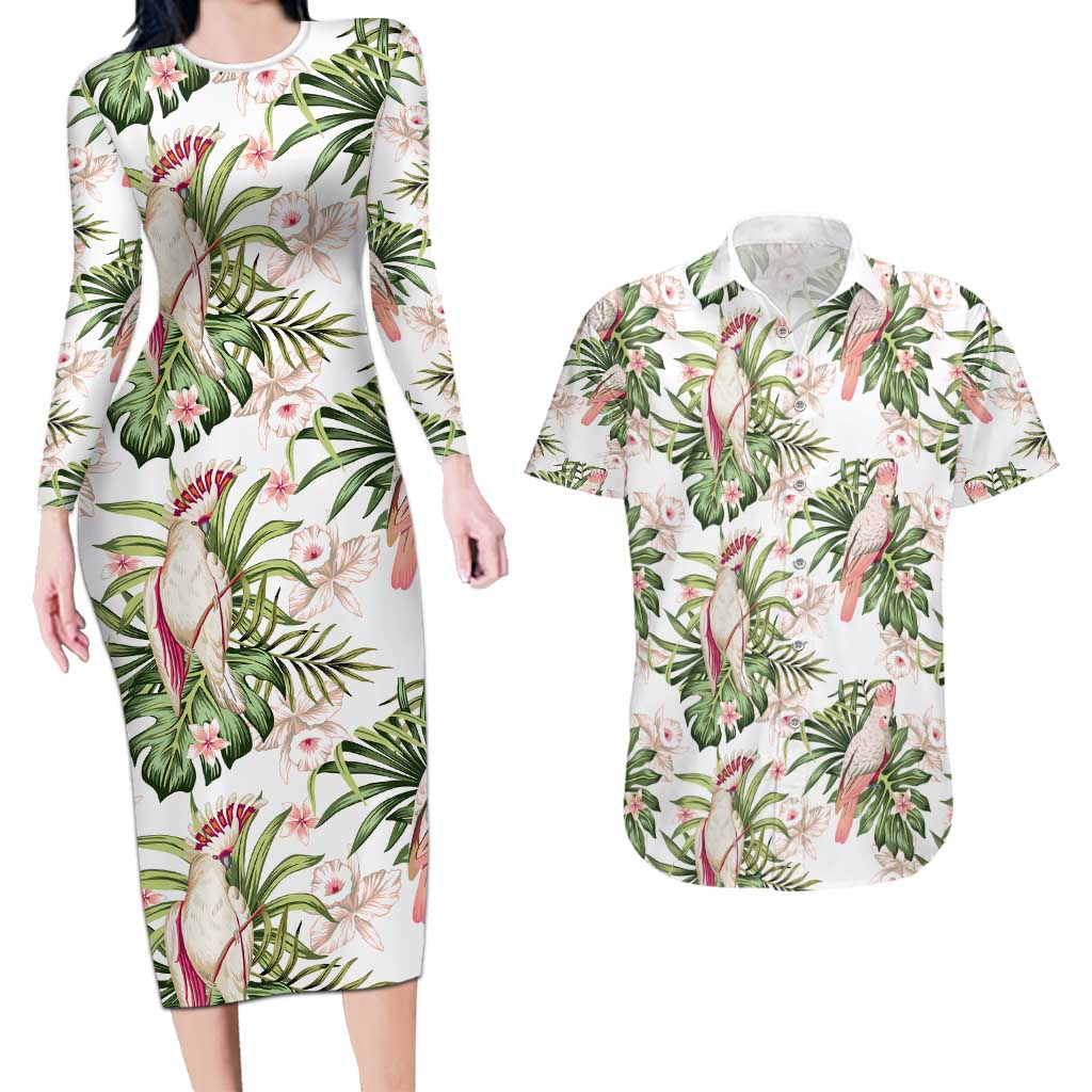 Australia Pink Cockatoo Couples Matching Long Sleeve Bodycon Dress and Hawaiian Shirt Aussie Orchids - Seamless Pattern