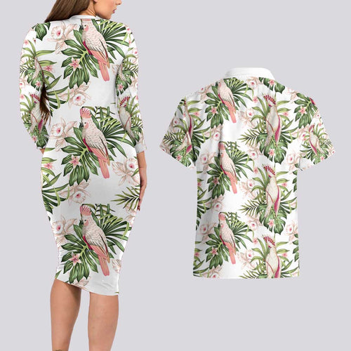 Australia Pink Cockatoo Couples Matching Long Sleeve Bodycon Dress and Hawaiian Shirt Aussie Orchids - Seamless Pattern