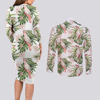 Australia Pink Cockatoo Couples Matching Long Sleeve Bodycon Dress and Long Sleeve Button Shirt Aussie Orchids - Seamless Pattern