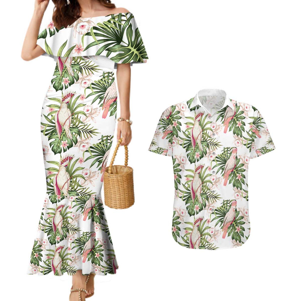 Australia Pink Cockatoo Couples Matching Mermaid Dress and Hawaiian Shirt Aussie Orchids - Seamless Pattern