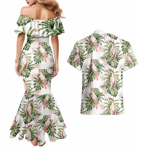 Australia Pink Cockatoo Couples Matching Mermaid Dress and Hawaiian Shirt Aussie Orchids - Seamless Pattern