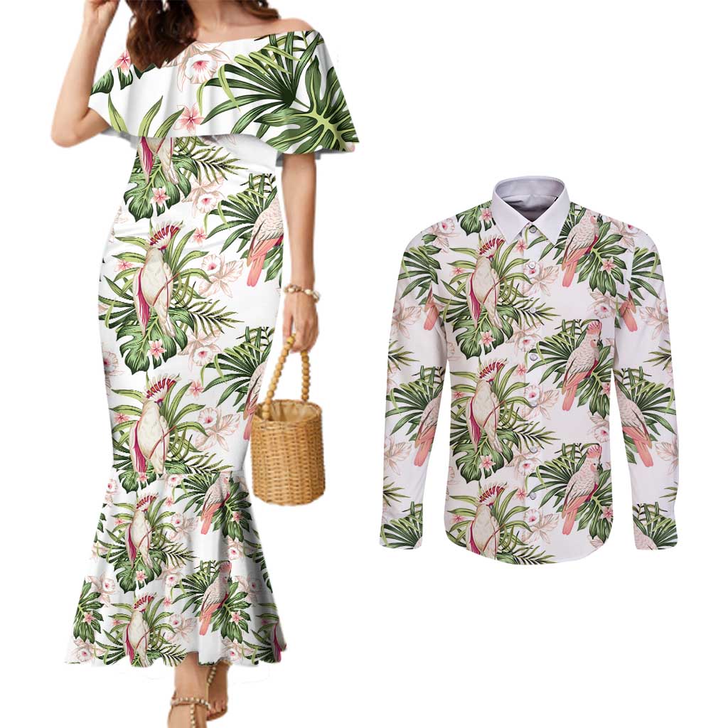 Australia Pink Cockatoo Couples Matching Mermaid Dress and Long Sleeve Button Shirt Aussie Orchids - Seamless Pattern