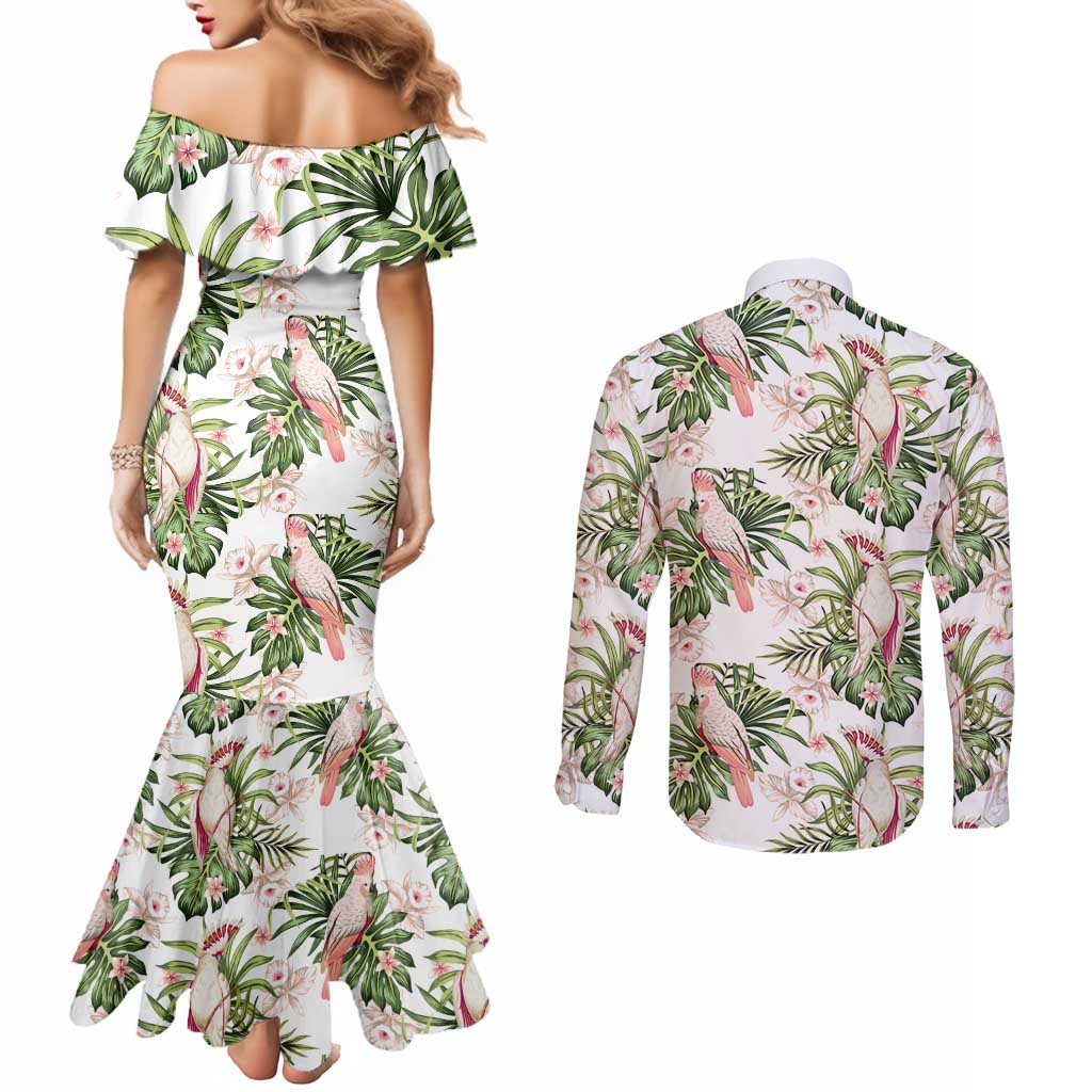 Australia Pink Cockatoo Couples Matching Mermaid Dress and Long Sleeve Button Shirt Aussie Orchids - Seamless Pattern