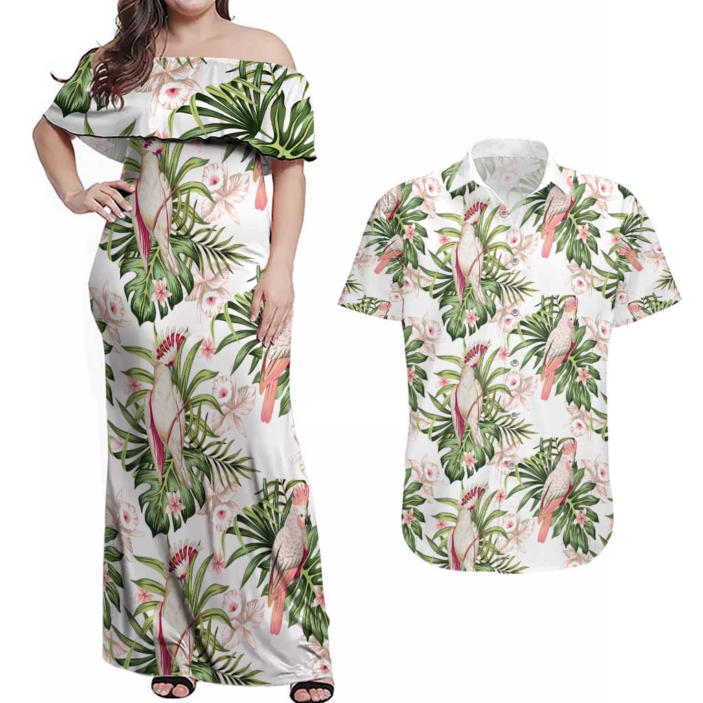 Australia Pink Cockatoo Couples Matching Off Shoulder Maxi Dress and Hawaiian Shirt Aussie Orchids - Seamless Pattern