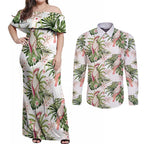 Australia Pink Cockatoo Couples Matching Off Shoulder Maxi Dress and Long Sleeve Button Shirt Aussie Orchids - Seamless Pattern