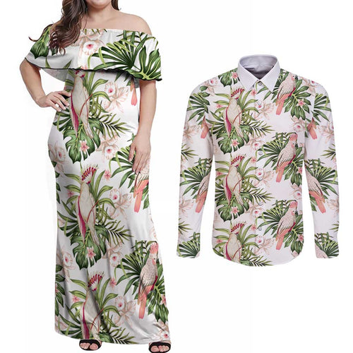 Australia Pink Cockatoo Couples Matching Off Shoulder Maxi Dress and Long Sleeve Button Shirt Aussie Orchids - Seamless Pattern