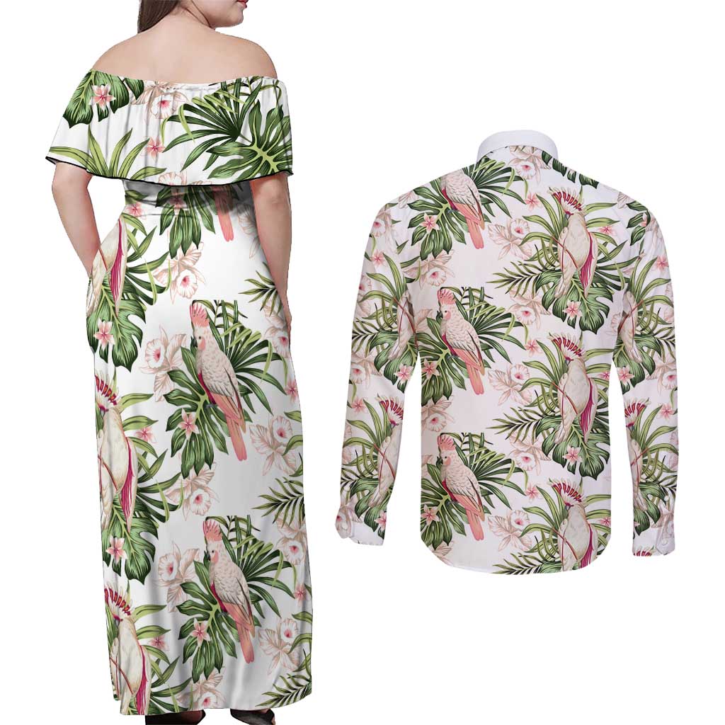 Australia Pink Cockatoo Couples Matching Off Shoulder Maxi Dress and Long Sleeve Button Shirt Aussie Orchids - Seamless Pattern