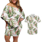 Australia Pink Cockatoo Couples Matching Off Shoulder Short Dress and Hawaiian Shirt Aussie Orchids - Seamless Pattern