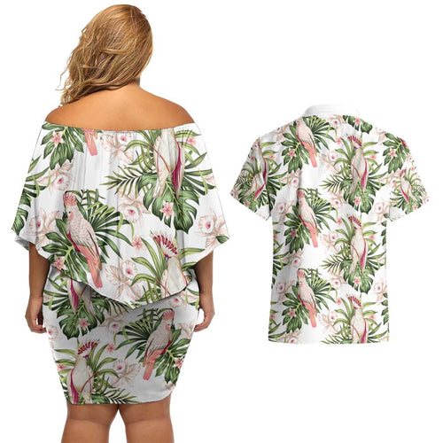 Australia Pink Cockatoo Couples Matching Off Shoulder Short Dress and Hawaiian Shirt Aussie Orchids - Seamless Pattern