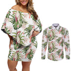 Australia Pink Cockatoo Couples Matching Off Shoulder Short Dress and Long Sleeve Button Shirt Aussie Orchids - Seamless Pattern
