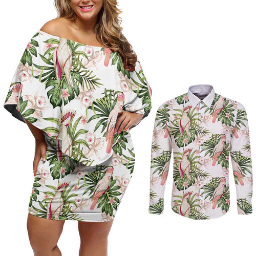 Australia Pink Cockatoo Couples Matching Off Shoulder Short Dress and Long Sleeve Button Shirt Aussie Orchids - Seamless Pattern