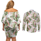 Australia Pink Cockatoo Couples Matching Off Shoulder Short Dress and Long Sleeve Button Shirt Aussie Orchids - Seamless Pattern