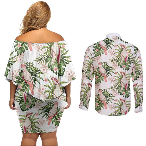 Australia Pink Cockatoo Couples Matching Off Shoulder Short Dress and Long Sleeve Button Shirt Aussie Orchids - Seamless Pattern