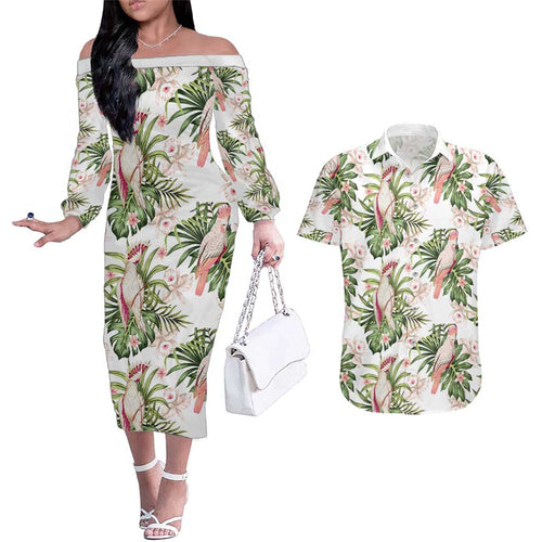 Australia Pink Cockatoo Couples Matching Off The Shoulder Long Sleeve Dress and Hawaiian Shirt Aussie Orchids - Seamless Pattern