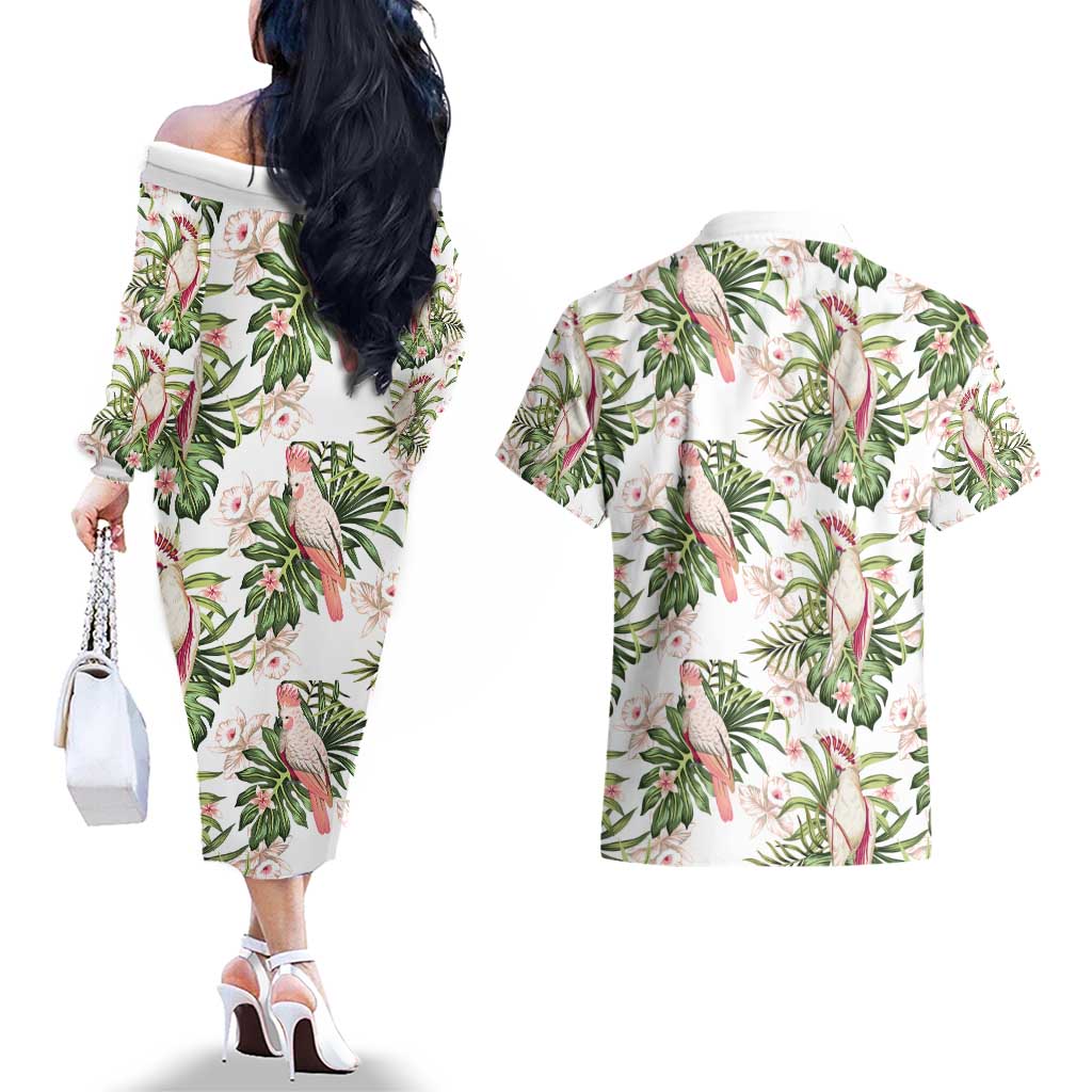 Australia Pink Cockatoo Couples Matching Off The Shoulder Long Sleeve Dress and Hawaiian Shirt Aussie Orchids - Seamless Pattern
