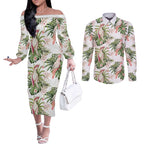 Australia Pink Cockatoo Couples Matching Off The Shoulder Long Sleeve Dress and Long Sleeve Button Shirt Aussie Orchids - Seamless Pattern
