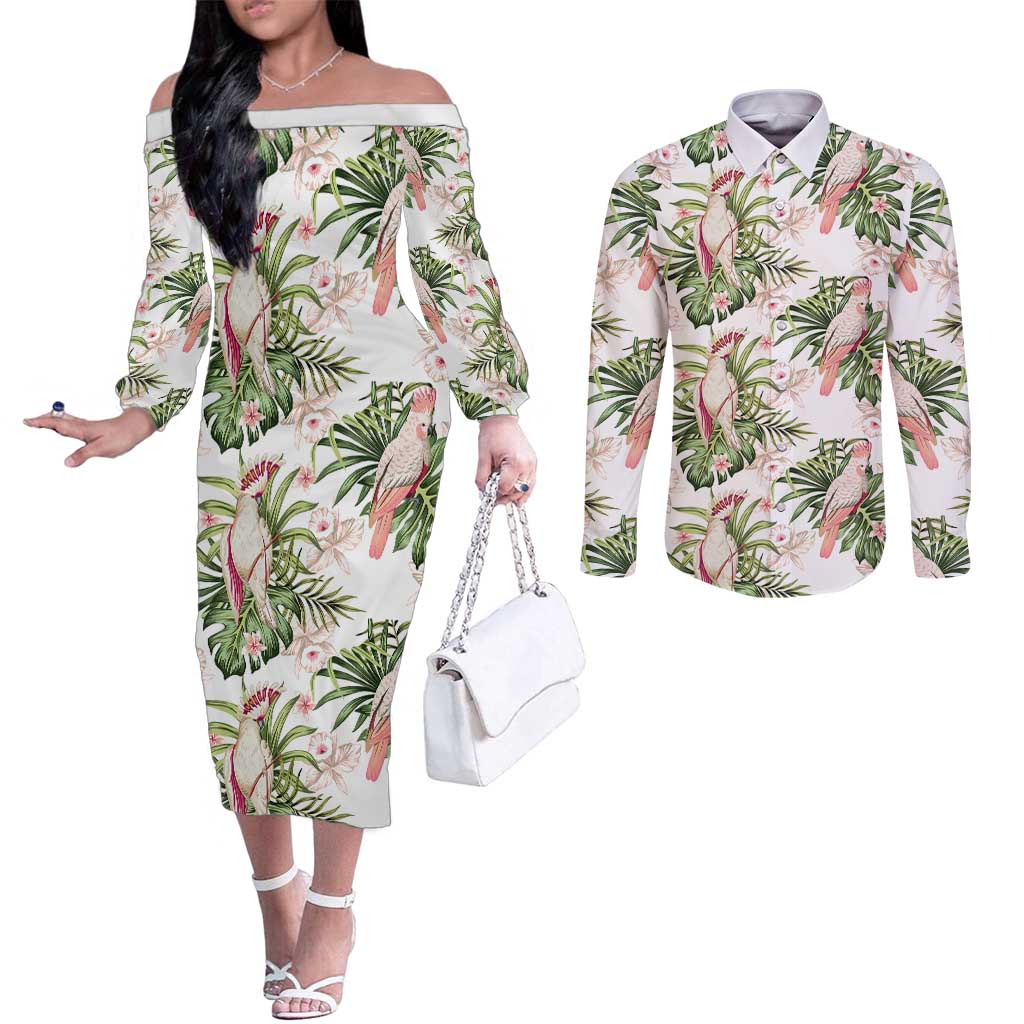 Australia Pink Cockatoo Couples Matching Off The Shoulder Long Sleeve Dress and Long Sleeve Button Shirt Aussie Orchids - Seamless Pattern
