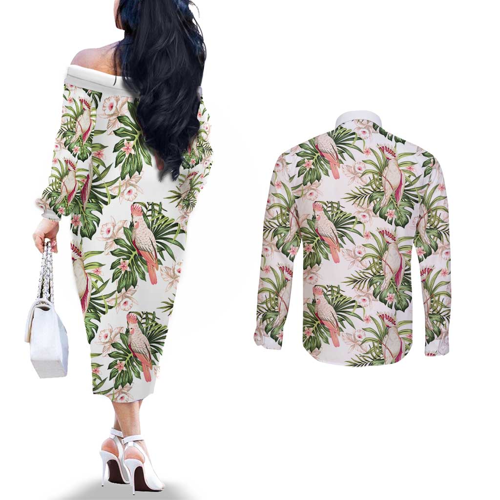 Australia Pink Cockatoo Couples Matching Off The Shoulder Long Sleeve Dress and Long Sleeve Button Shirt Aussie Orchids - Seamless Pattern