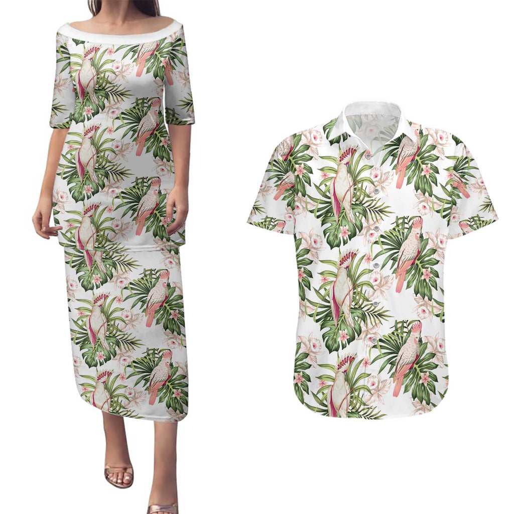 Australia Pink Cockatoo Couples Matching Puletasi and Hawaiian Shirt Aussie Orchids - Seamless Pattern