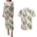 Australia Pink Cockatoo Couples Matching Puletasi and Hawaiian Shirt Aussie Orchids - Seamless Pattern