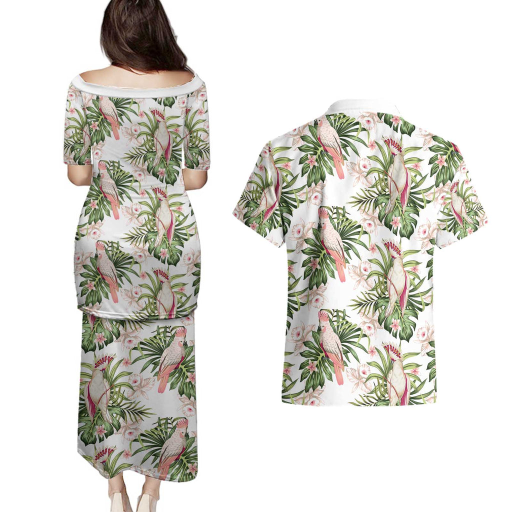 Australia Pink Cockatoo Couples Matching Puletasi and Hawaiian Shirt Aussie Orchids - Seamless Pattern