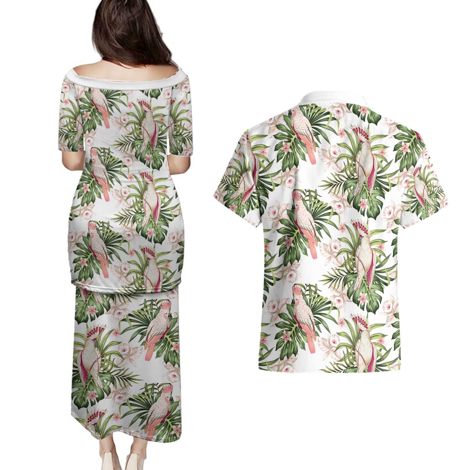 Australia Pink Cockatoo Couples Matching Puletasi and Hawaiian Shirt Aussie Orchids - Seamless Pattern
