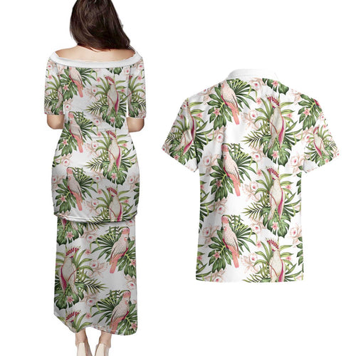 Australia Pink Cockatoo Couples Matching Puletasi and Hawaiian Shirt Aussie Orchids - Seamless Pattern