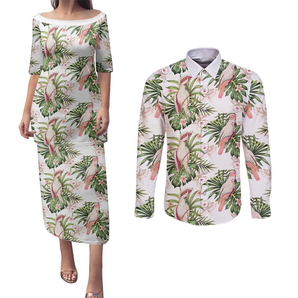 Australia Pink Cockatoo Couples Matching Puletasi and Long Sleeve Button Shirt Aussie Orchids - Seamless Pattern