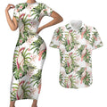 Australia Pink Cockatoo Couples Matching Short Sleeve Bodycon Dress and Hawaiian Shirt Aussie Orchids - Seamless Pattern