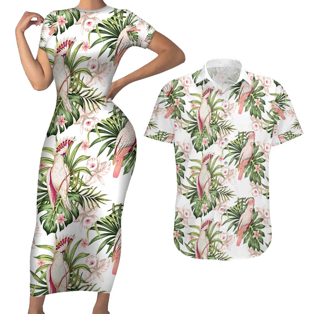 Australia Pink Cockatoo Couples Matching Short Sleeve Bodycon Dress and Hawaiian Shirt Aussie Orchids - Seamless Pattern