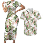 Australia Pink Cockatoo Couples Matching Short Sleeve Bodycon Dress and Hawaiian Shirt Aussie Orchids - Seamless Pattern