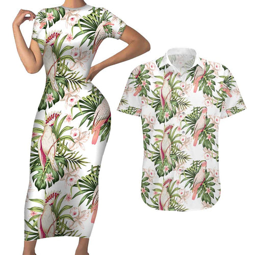Australia Pink Cockatoo Couples Matching Short Sleeve Bodycon Dress and Hawaiian Shirt Aussie Orchids - Seamless Pattern