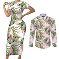 Australia Pink Cockatoo Couples Matching Short Sleeve Bodycon Dress and Long Sleeve Button Shirt Aussie Orchids - Seamless Pattern