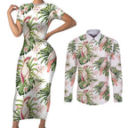 Australia Pink Cockatoo Couples Matching Short Sleeve Bodycon Dress and Long Sleeve Button Shirt Aussie Orchids - Seamless Pattern