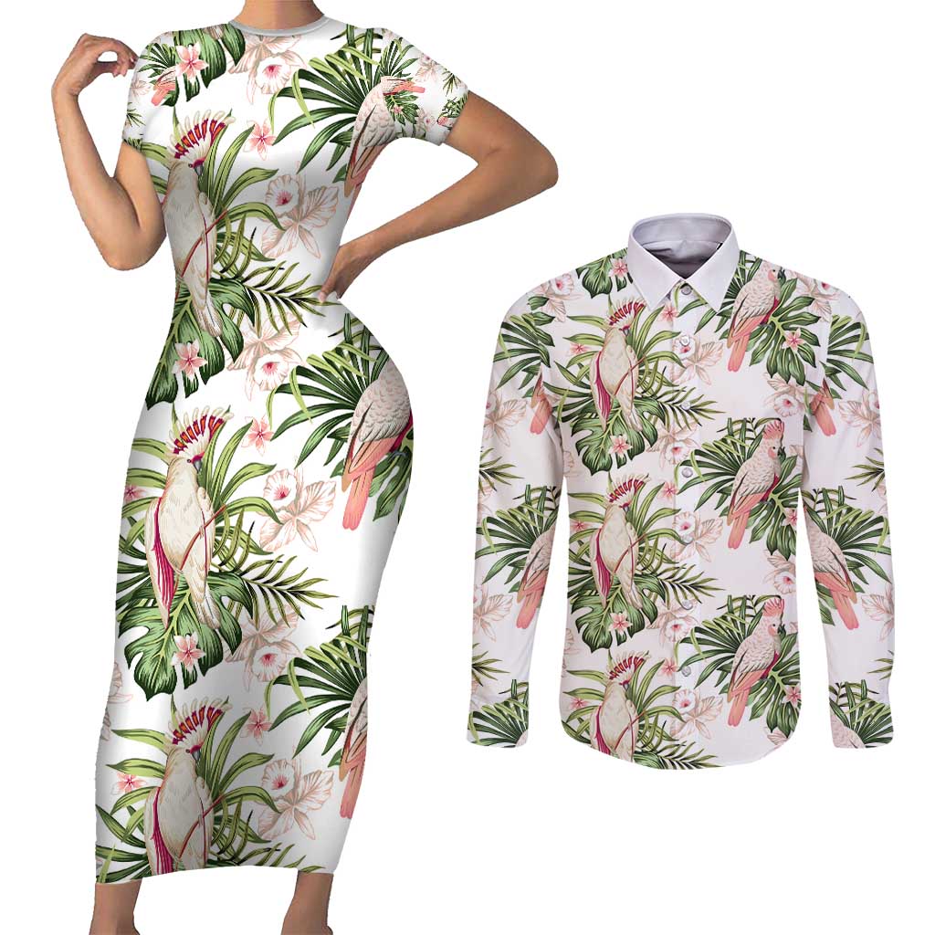 Australia Pink Cockatoo Couples Matching Short Sleeve Bodycon Dress and Long Sleeve Button Shirt Aussie Orchids - Seamless Pattern