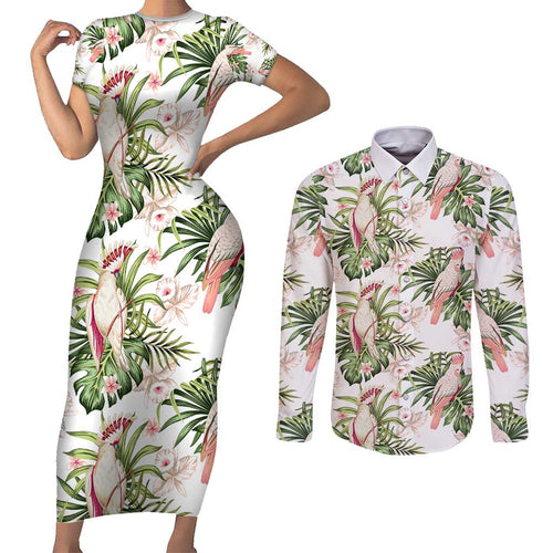 Australia Pink Cockatoo Couples Matching Short Sleeve Bodycon Dress and Long Sleeve Button Shirt Aussie Orchids - Seamless Pattern